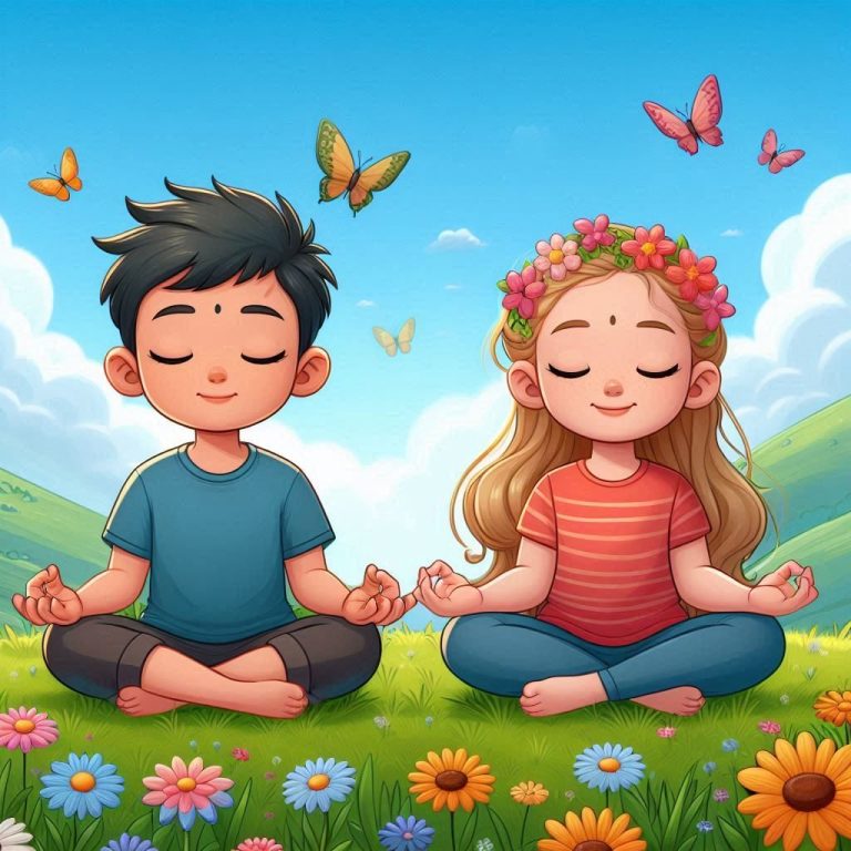 Zwei Kinder sitzen meditierend in einer bunten Wiese mit Schmetterlingen und Blumen.